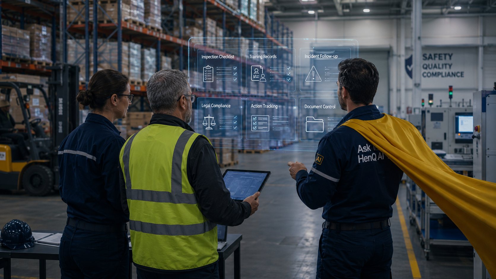 Ask HenQ AI-held met okergele cape overziet een HSEQ-werkomgeving